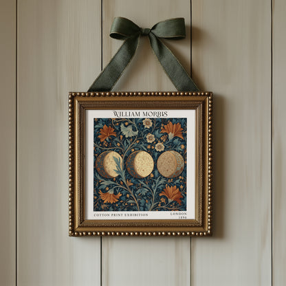 William Morris Style Ornamental Moon Print – Navy & Rust Floral Square Wall Art