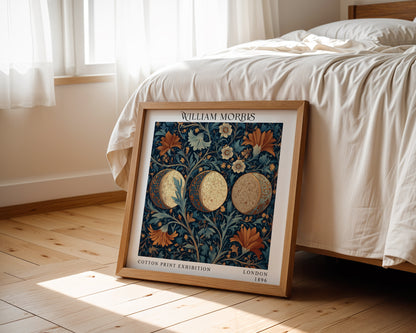 William Morris Style Ornamental Moon Print – Navy & Rust Floral Square Wall Art