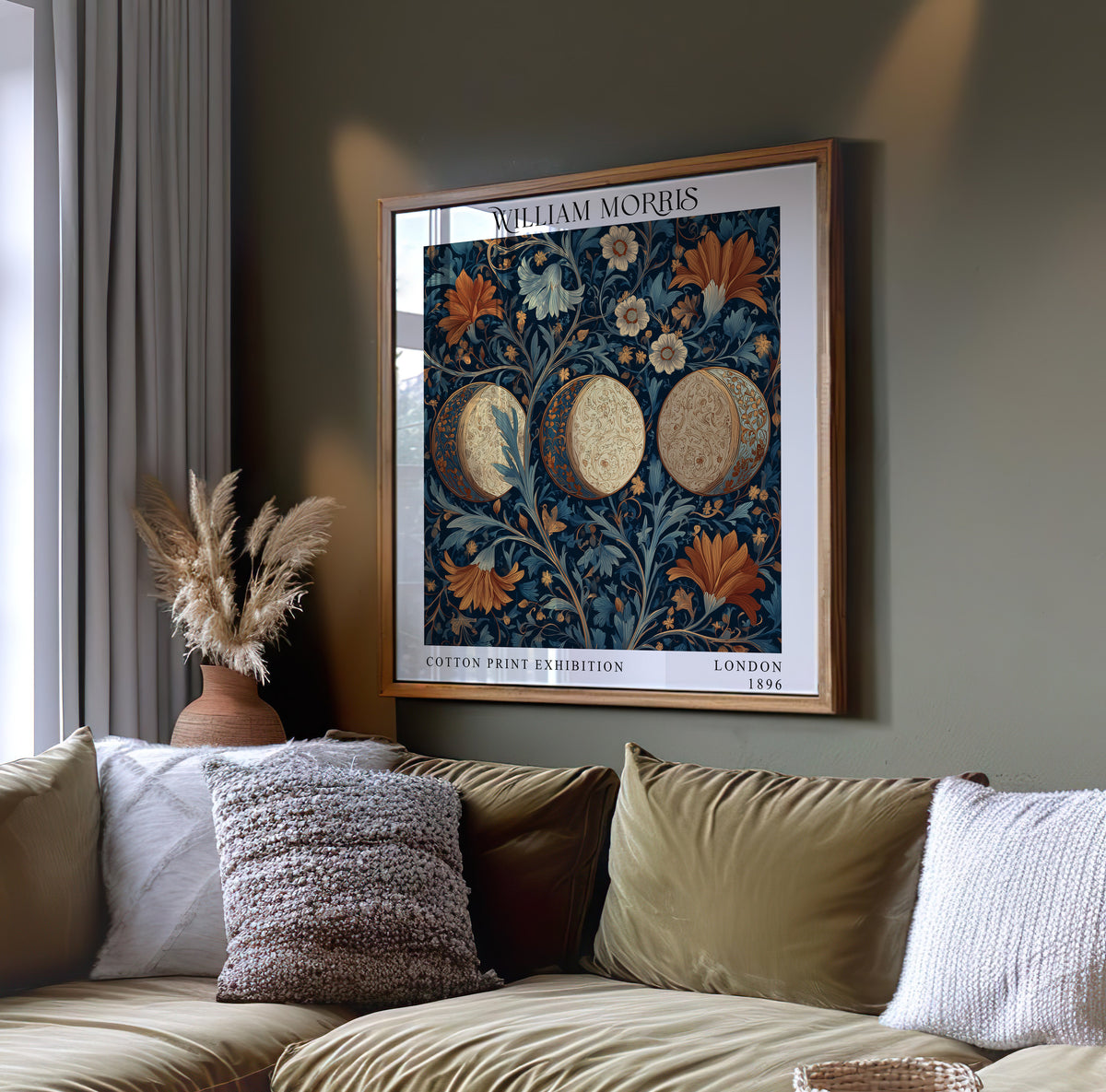 William Morris Style Ornamental Moon Print – Navy & Rust Floral Square Wall Art
