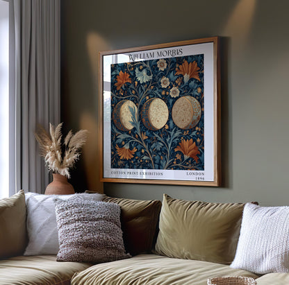 William Morris Style Ornamental Moon Print – Navy & Rust Floral Square Wall Art