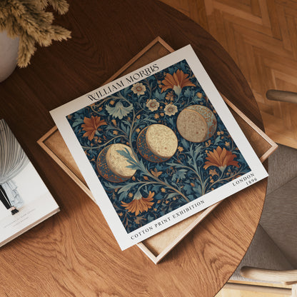 William Morris Style Ornamental Moon Print – Navy & Rust Floral Square Wall Art