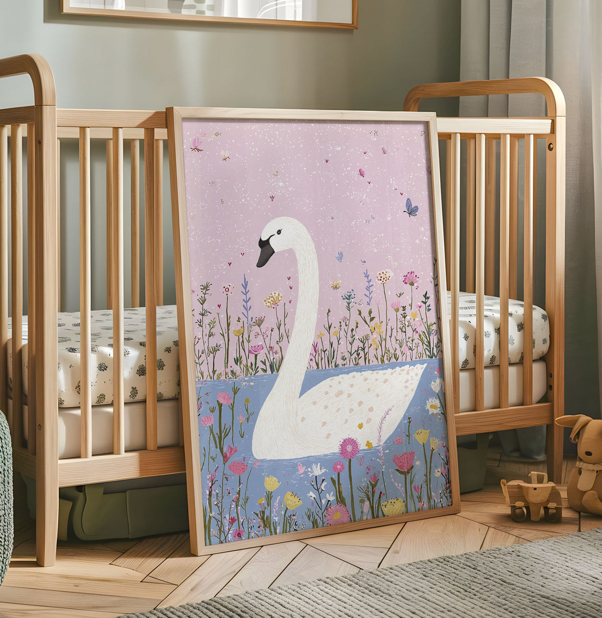 White swan nursery wall art with pink sky blue water wildflowers and butterflies