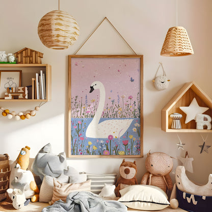 White swan in blue water with pink wildflowers nursery wall art in a warm kids bedroom