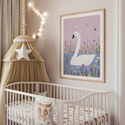 Pink floral swan nursery wall art displayed above a cot