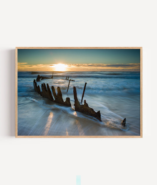 Shipwreck Beach Print, Sunset Ocean Photography Wall Art Poster, Coastal Seascape Decor