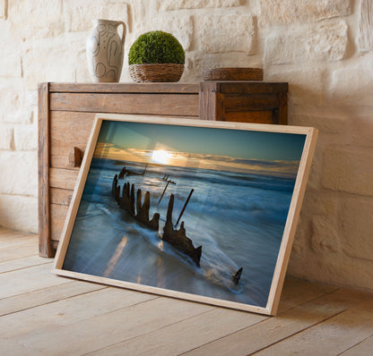 Shipwreck Beach Print, Sunset Ocean Photography Wall Art Poster, Coastal Seascape Decor