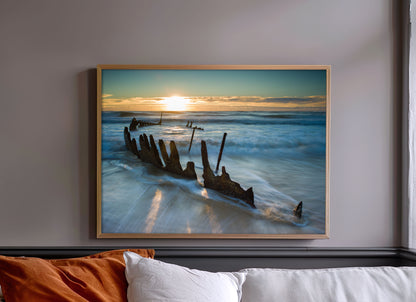 Shipwreck Beach Print, Sunset Ocean Photography Wall Art Poster, Coastal Seascape Decor