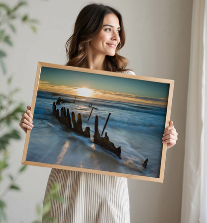 Shipwreck Beach Print, Sunset Ocean Photography Wall Art Poster, Coastal Seascape Decor