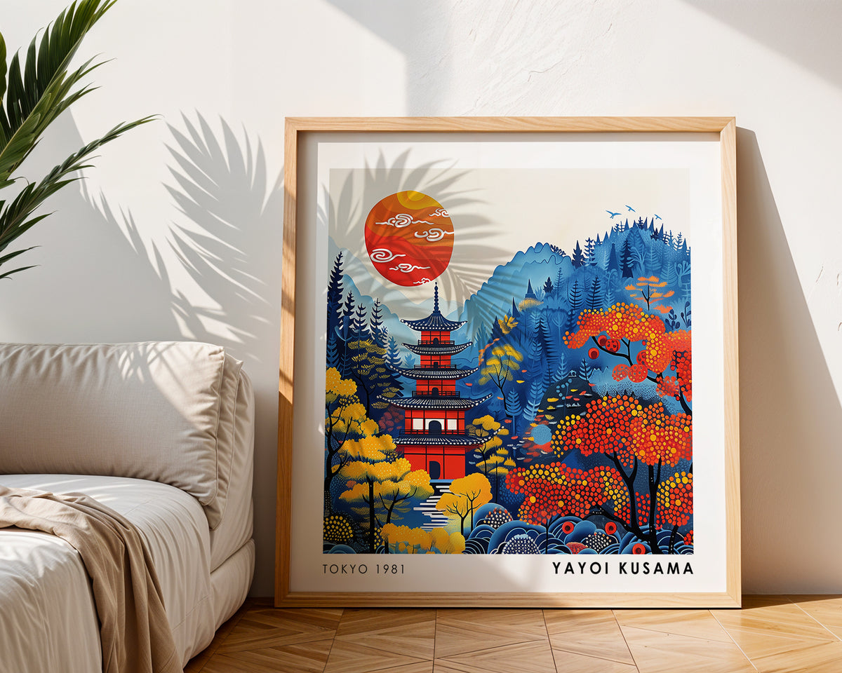 Yayoi Kusama Inspired Autumn Pagoda Print | Japanese Red Sun Landscape Wall Art