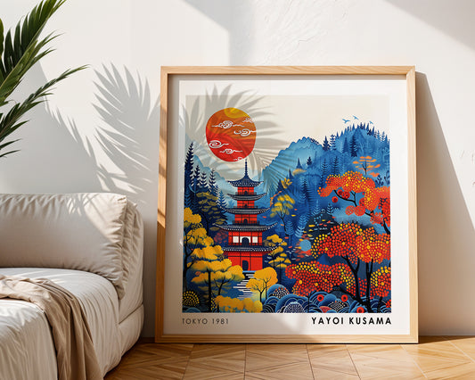 Yayoi Kusama Inspired Autumn Pagoda Print | Japanese Red Sun Landscape Wall Art