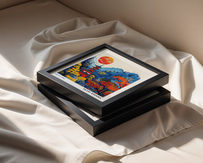 Yayoi Kusama Inspired Autumn Pagoda Print | Japanese Red Sun Landscape Wall Art