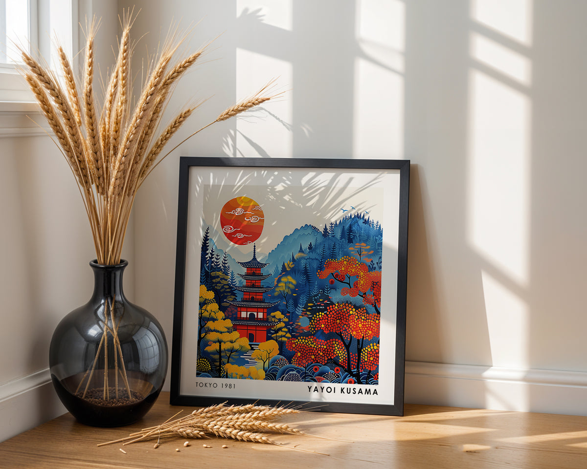 Yayoi Kusama Inspired Autumn Pagoda Print | Japanese Red Sun Landscape Wall Art