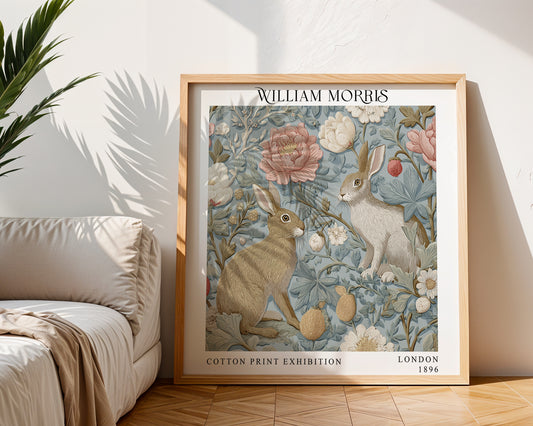 William Morris Style Rabbit & Floral Print – Blue Botanical Square Wall Art