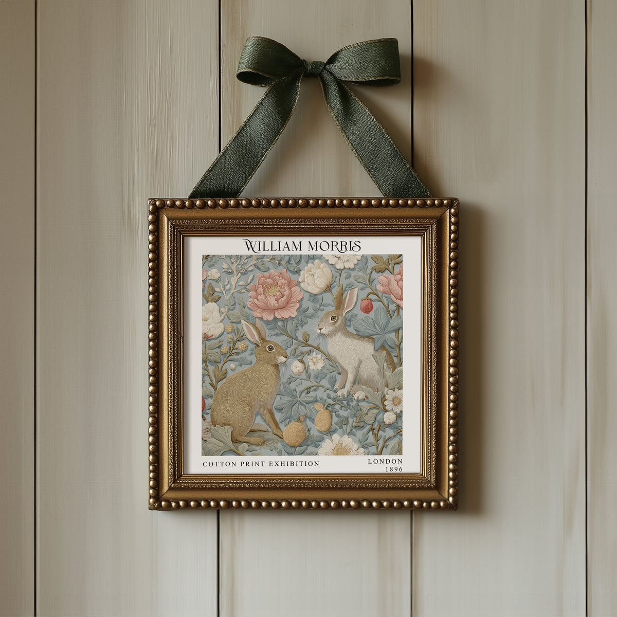 William Morris Style Rabbit & Floral Print – Blue Botanical Square Wall Art