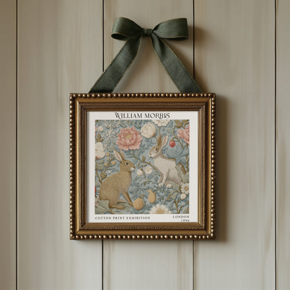William Morris Style Rabbit & Floral Print – Blue Botanical Square Wall Art