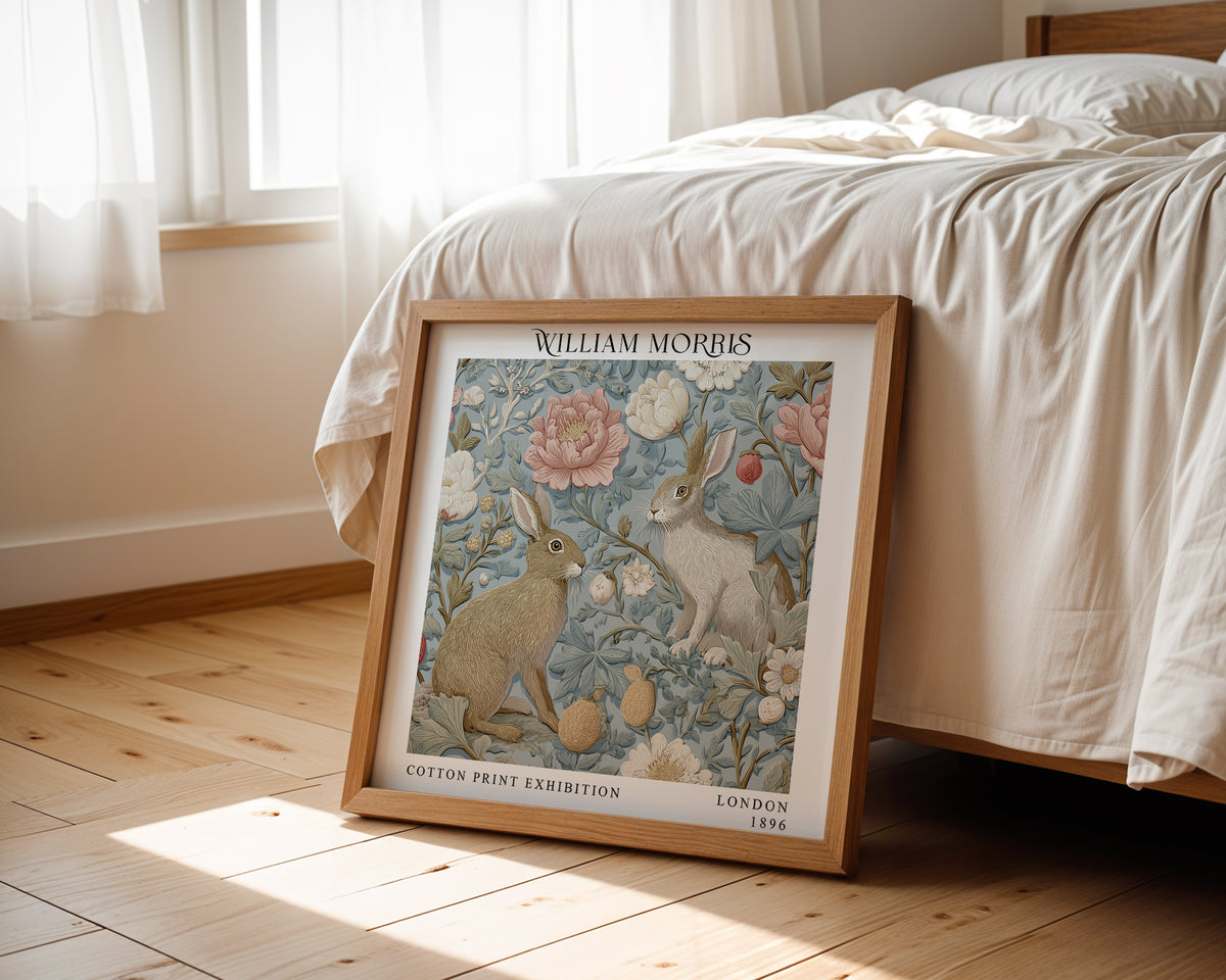 William Morris Style Rabbit & Floral Print – Blue Botanical Square Wall Art