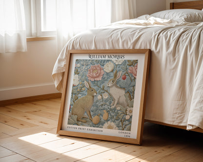 William Morris Style Rabbit & Floral Print – Blue Botanical Square Wall Art