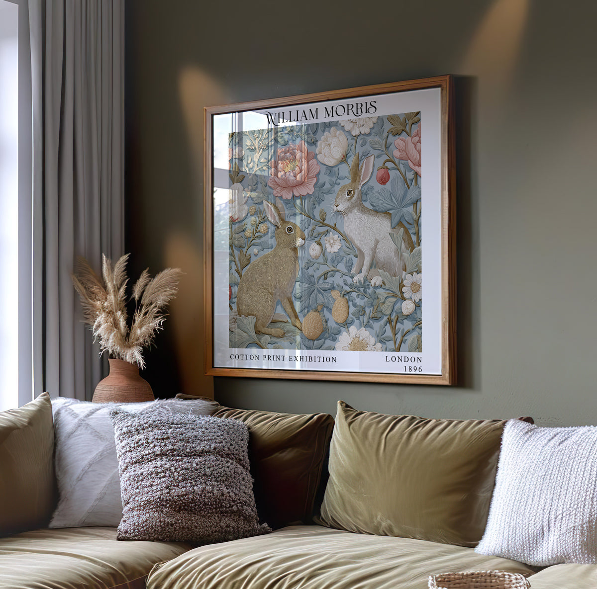 William Morris Style Rabbit & Floral Print – Blue Botanical Square Wall Art