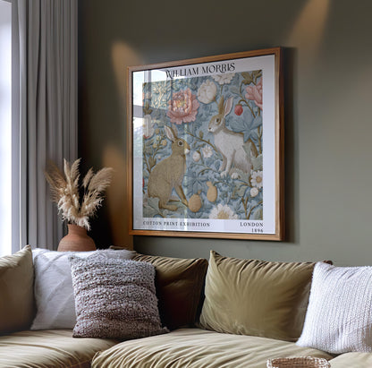 William Morris Style Rabbit & Floral Print – Blue Botanical Square Wall Art