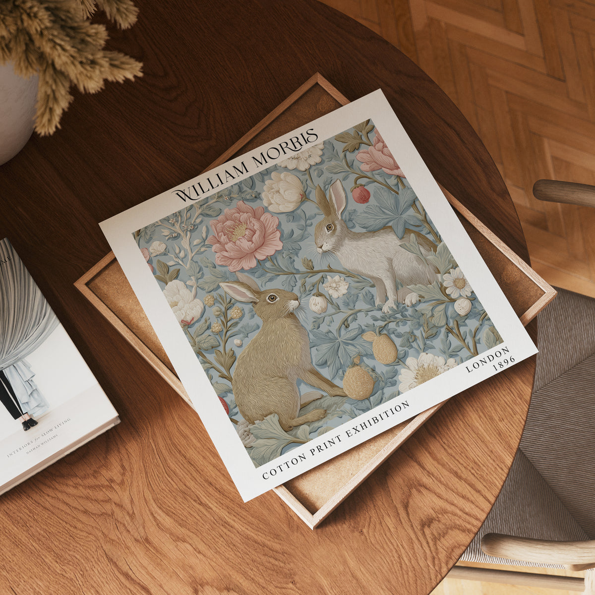 William Morris Style Rabbit & Floral Print – Blue Botanical Square Wall Art
