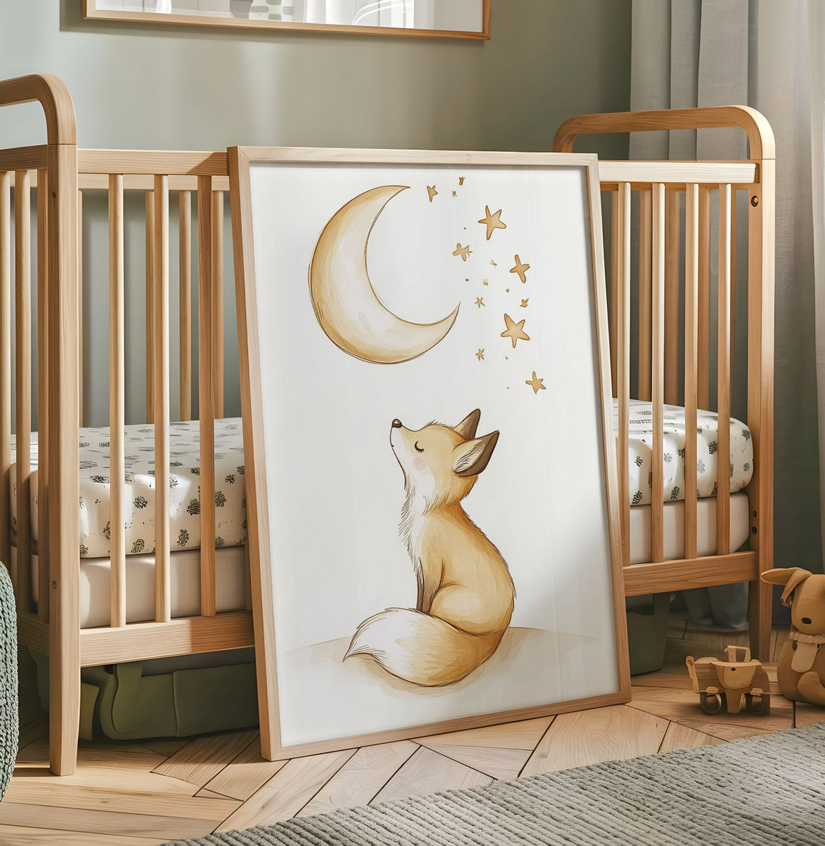 Cute fox nursery wall art looking up at a crescent moon and stars