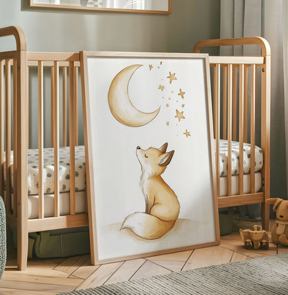 Cute fox nursery wall art looking up at a crescent moon and stars