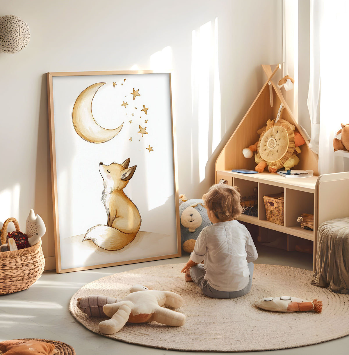 Fox moon and stars nursery print displayed in a bright child's room