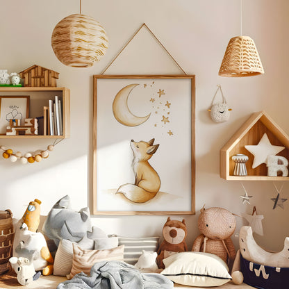 Watercolour fox with crescent moon and stars nursery wall art in a warm kids bedroom