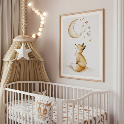Fox moon and stars nursery wall art displayed above a cot