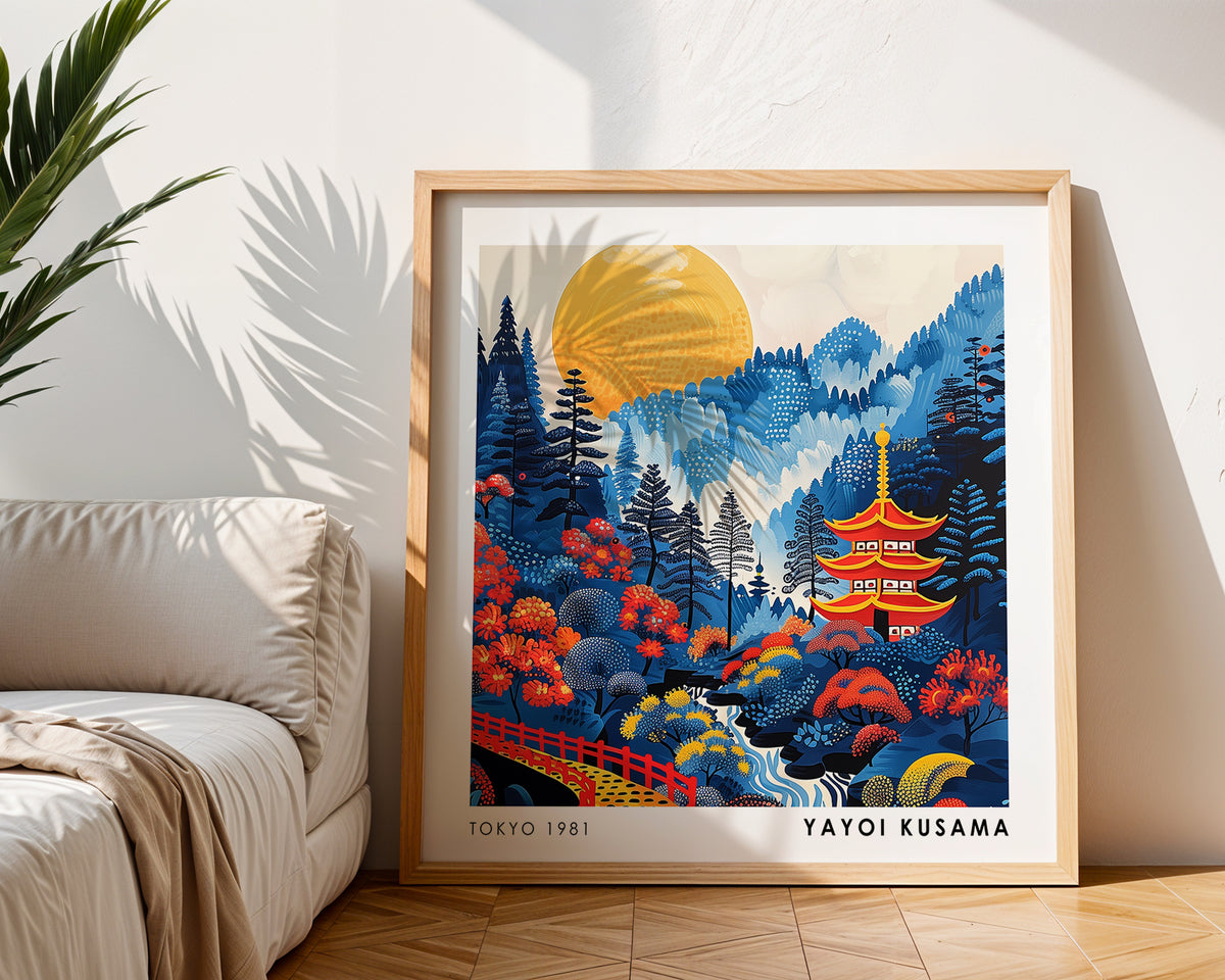 Yayoi Kusama Inspired Japanese Pagoda Print | Blue Mountain & Golden Sun Wall Art