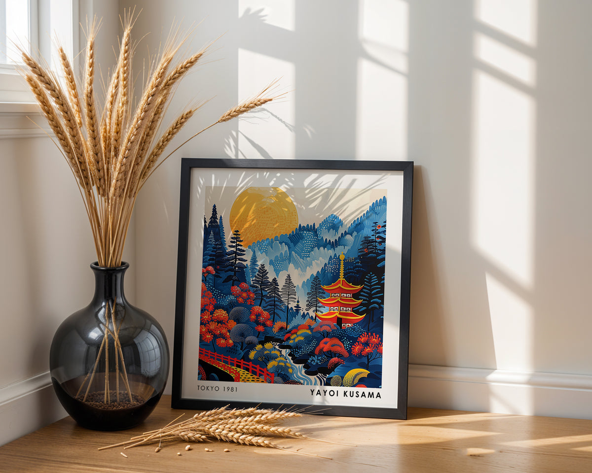 Yayoi Kusama Inspired Japanese Pagoda Print | Blue Mountain & Golden Sun Wall Art