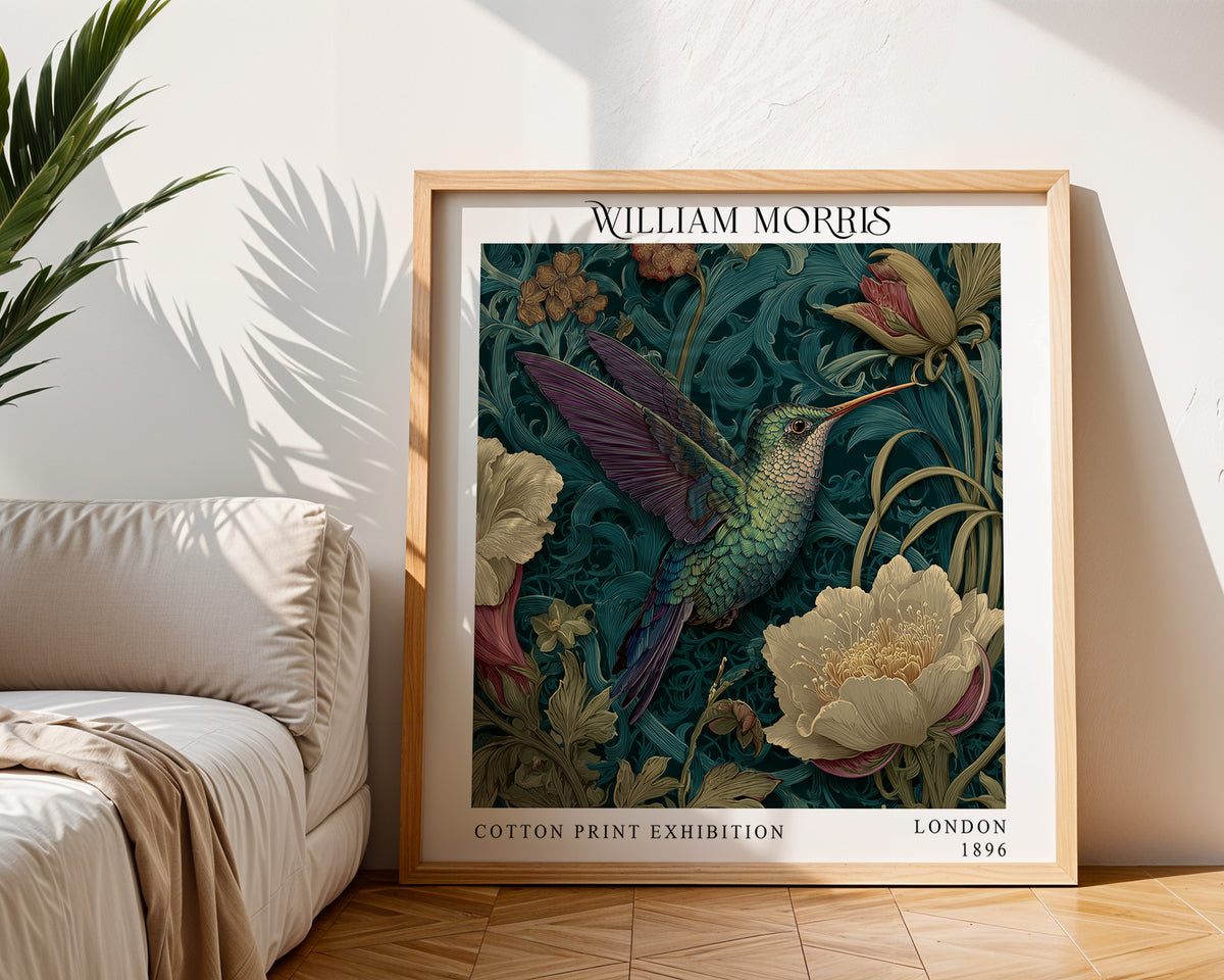 William Morris Style Hummingbird Print – Dark Teal Floral Square Wall Art