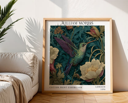 William Morris Style Hummingbird Print – Dark Teal Floral Square Wall Art