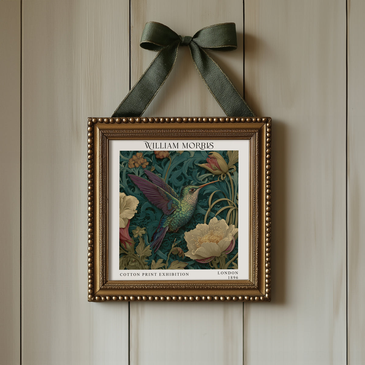William Morris Style Hummingbird Print – Dark Teal Floral Square Wall Art