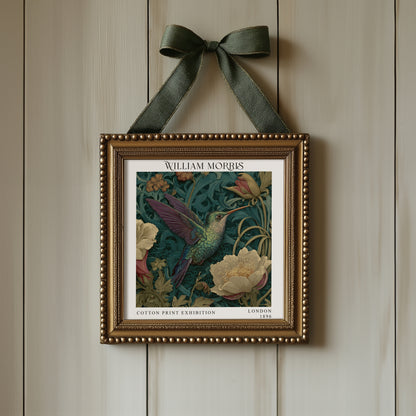 William Morris Style Hummingbird Print – Dark Teal Floral Square Wall Art