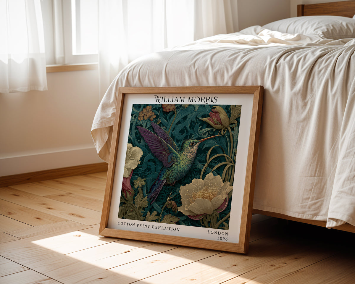 William Morris Style Hummingbird Print – Dark Teal Floral Square Wall Art