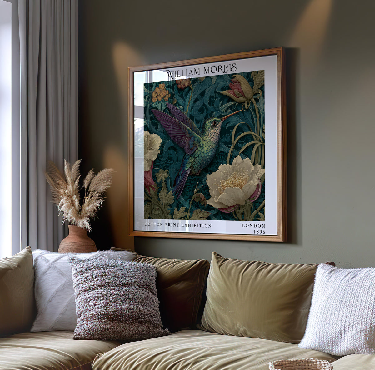 William Morris Style Hummingbird Print – Dark Teal Floral Square Wall Art