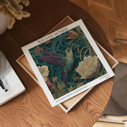 William Morris Style Hummingbird Print – Dark Teal Floral Square Wall Art