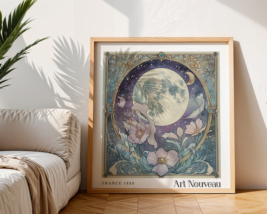 Moon Art Nouveau Print - Art Deco Poster - Vintage Floral Wall Art