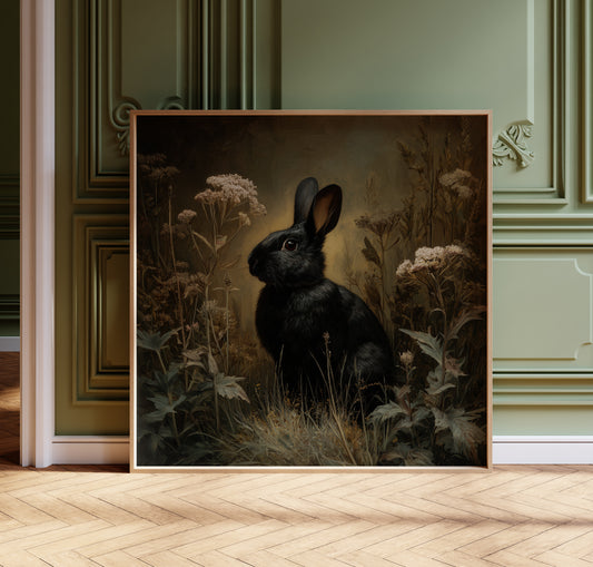 Black Rabbit Print – Gothic Dark Academia Wall Art - Whimsical Poster
