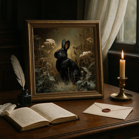 Black Rabbit Print – Gothic Dark Academia Wall Art - Whimsical Poster