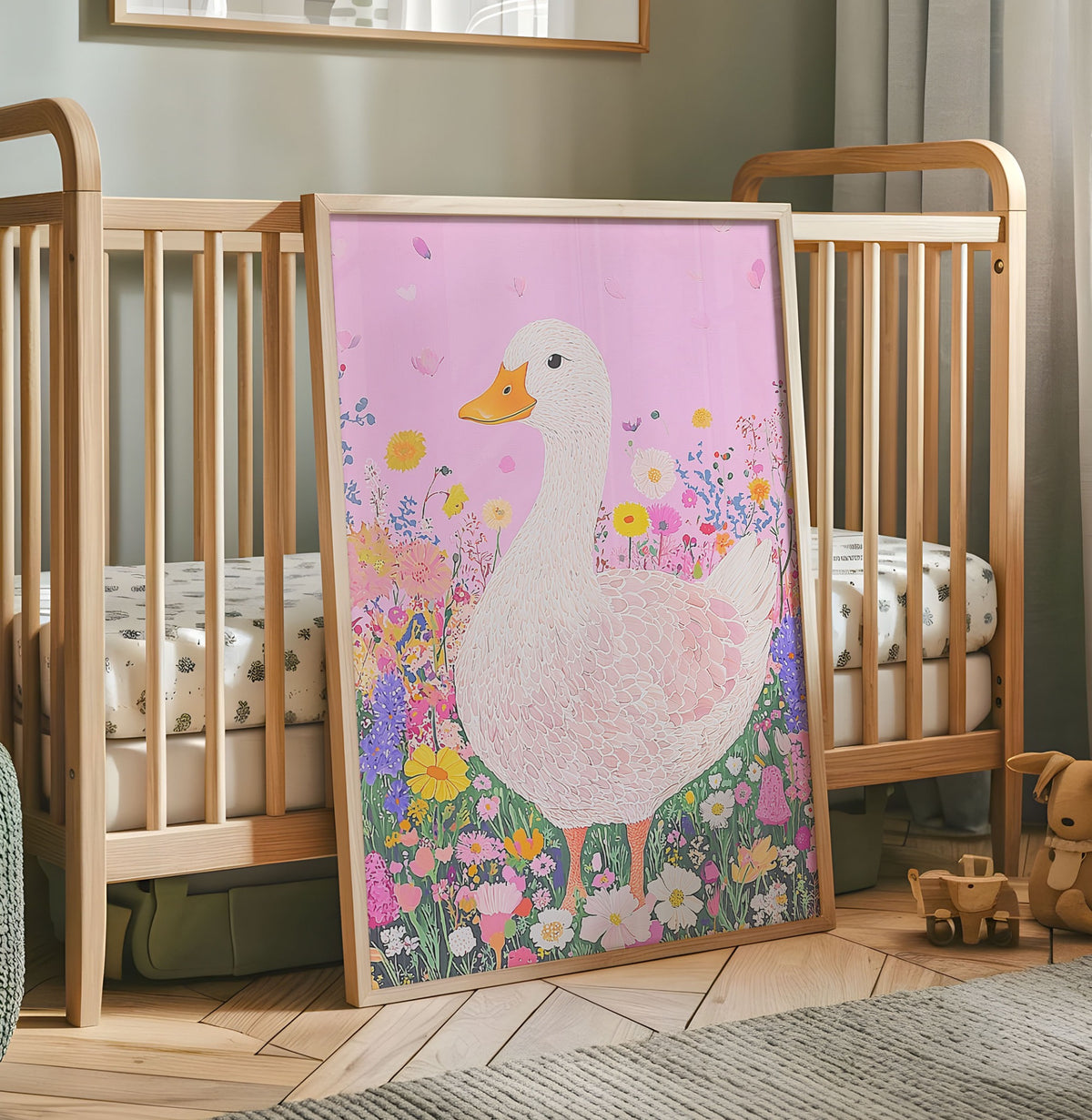 Pink goose nursery wall art surrounded by colourful wildflowers