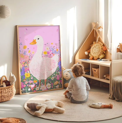 Pink floral goose nursery print displayed in a bright child's room