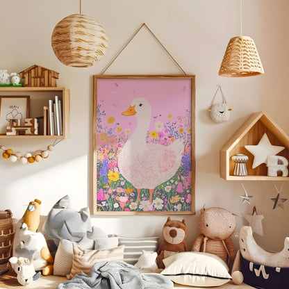 Pastel pink goose and wildflowers nursery wall art in a warm kids bedroom