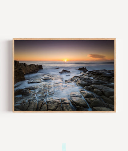 Rocky Coast Sunset Print, Ocean Seascape Photography Wall Art Poster, Coastal Decor