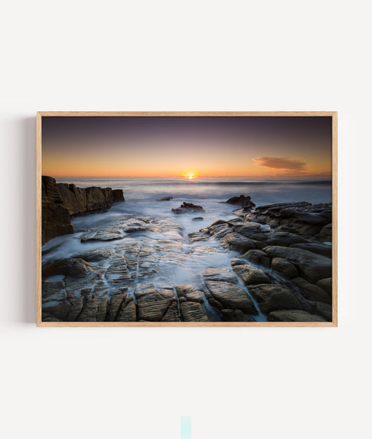 Rocky Coast Sunset Print, Ocean Seascape Photography Wall Art Poster, Coastal Decor