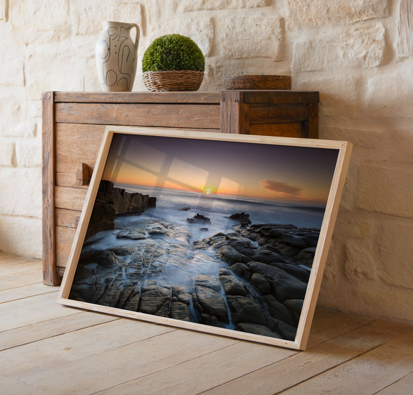 Rocky Coast Sunset Print, Ocean Seascape Photography Wall Art Poster, Coastal Decor