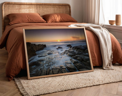 Rocky Coast Sunset Print, Ocean Seascape Photography Wall Art Poster, Coastal Decor