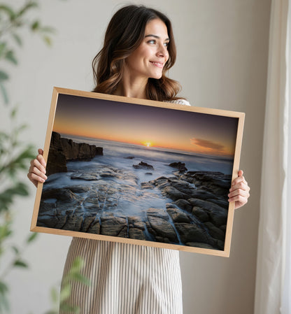 Rocky Coast Sunset Print, Ocean Seascape Photography Wall Art Poster, Coastal Decor