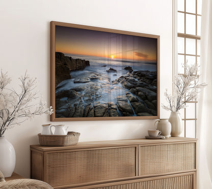 Rocky Coast Sunset Print, Ocean Seascape Photography Wall Art Poster, Coastal Decor